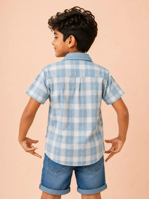 BloomUp Boys Sky Blue Checked Casual Shirt – Half Sleeve Summer Shirt