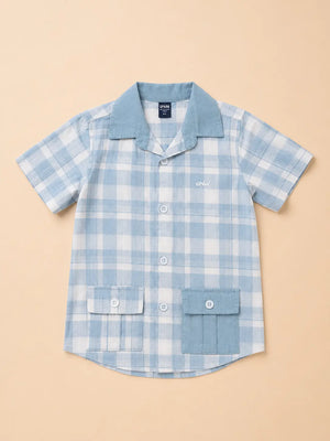 BloomUp Boys Sky Blue Checked Casual Shirt – Half Sleeve Summer Shirt