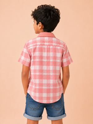 Boys Peach Check Short Sleeved Soft Cotton Kids Fashion Wear BloomUp