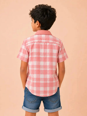 BloomUp Boys Peach Checked Casual Shirt – Half Sleeve Summer Shirt