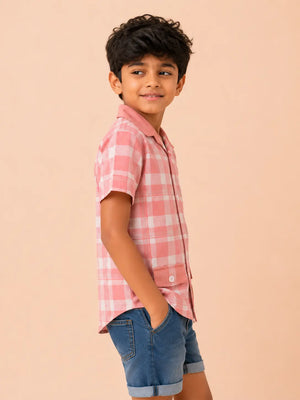 BloomUp Boys Peach Checked Casual Shirt – Half Sleeve Summer Shirt