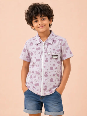 BloomUp Boys Lavender Zip-Up Casual Shirt – Half Sleeve Printed Summer Shirt