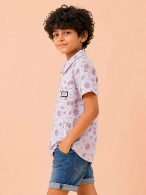 BloomUp Boys Lavender Zip-Up Casual Shirt – Half Sleeve Printed Summer Shirt