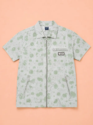 BloomUp Boys Pista Green Zip-Up Casual Shirt – Half Sleeve Printed Summer Shirt