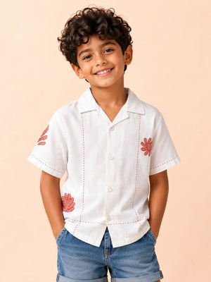 BloomUp Boys Off White Embroidered Casual Shirt – Half Sleeve Summer Shirt