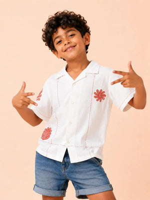 BloomUp Boys Off White Embroidered Casual Shirt – Half Sleeve Summer Shirt