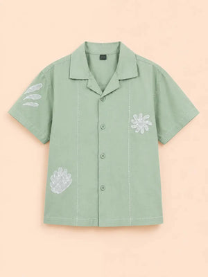 BloomUp Boys Pista Green Embroidered Casual Shirt – Half Sleeve Summer Shirt