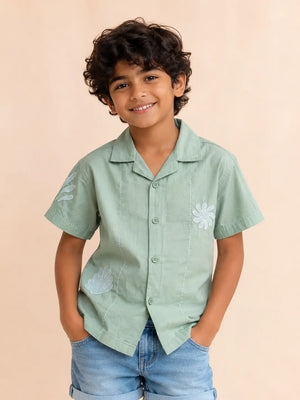 BloomUp Boys Pista Green Embroidered Casual Shirt – Half Sleeve Summer Shirt