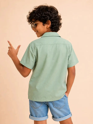 BloomUp Boys Pista Green Embroidered Casual Shirt – Half Sleeve Summer Shirt