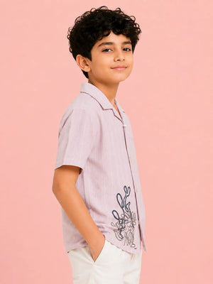 BloomUp Boys Peach Embroidered Casual Shirt – Half Sleeve Summer Shirt