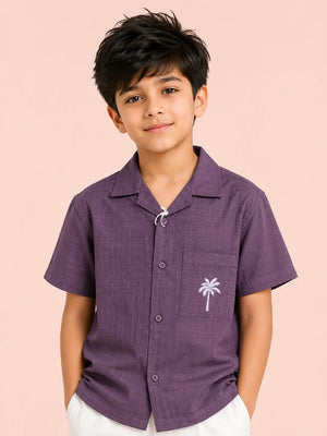 BloomUp Boys Wine Purple Textured Casual Shirt – Half Sleeve Summer Shirt