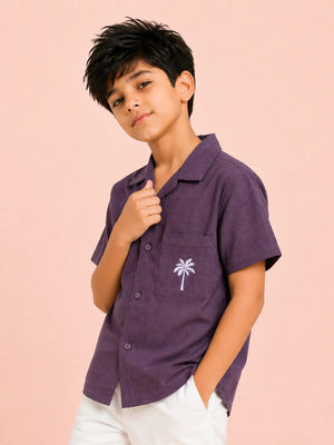 BloomUp Boys Wine Purple Textured Casual Shirt – Half Sleeve Summer Shirt