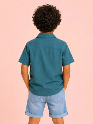 BloomUp Boys Green Textured Casual Shirt – Half Sleeve Summer Shirt