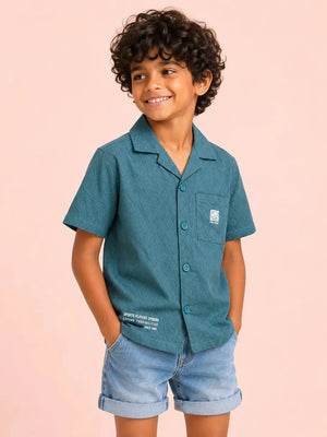 BloomUp Boys Green Textured Casual Shirt – Half Sleeve Summer Shirt
