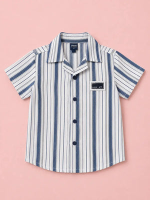 BloomUp Boys White & Blue Striped Casual Shirt – Half Sleeve Summer Shirt