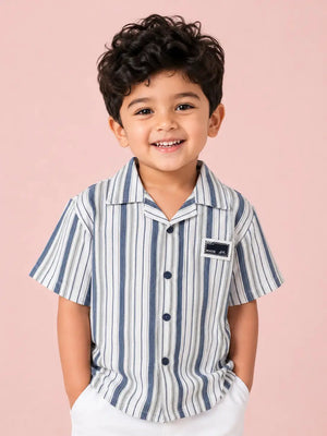 BloomUp Boys White & Blue Striped Casual Shirt – Half Sleeve Summer Shirt