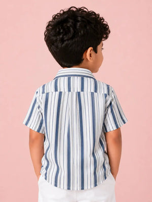 BloomUp Boys White & Blue Striped Casual Shirt – Half Sleeve Summer Shirt