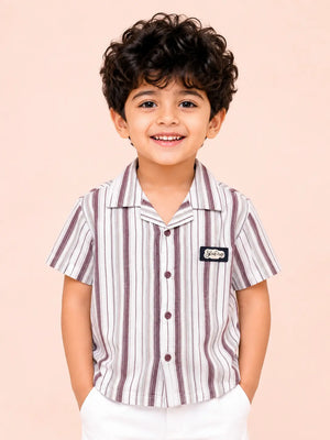 BloomUp Boys White & Chocolate Brown Striped Casual Shirt – Half Sleeve Summer Shirt
