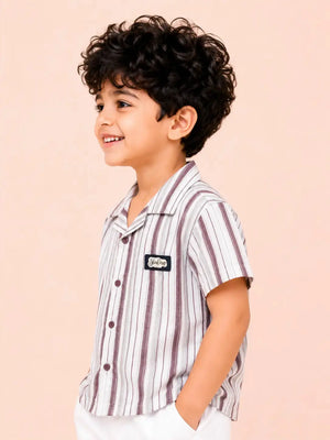 BloomUp Boys White & Chocolate Brown Striped Casual Shirt – Half Sleeve Summer Shirt