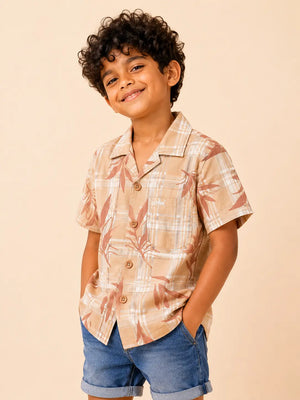 BloomUp Boys Beige Tropical Printed Shirt – Casual Half Sleeve Summer Shirt