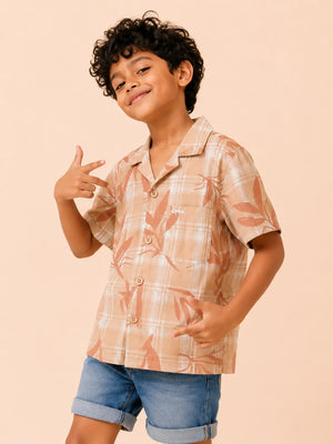 BloomUp Boys Beige Tropical Printed Shirt – Casual Half Sleeve Summer Shirt