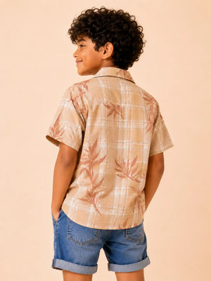 BloomUp Boys Beige Tropical Printed Shirt – Casual Half Sleeve Summer Shirt