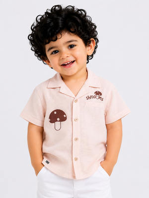 Peach Mushroom Print Shirt for Boys ā Soft Cotton Summer Casual Shirt BloomUp