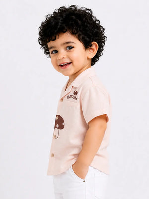 BloomUp Peach Mushroom Print Shirt for Boys – Soft Cotton Summer Casual Shirt