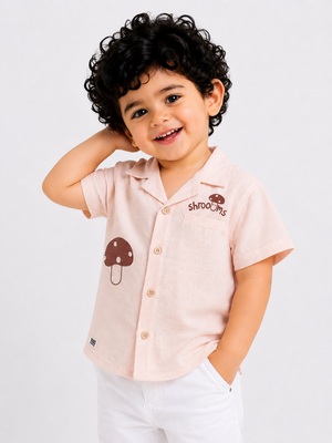 Peach Mushroom Print Shirt for Boys ā Soft Cotton Summer Casual Shirt BloomUp