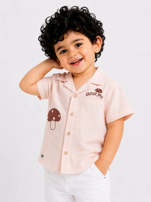 BloomUp Peach Mushroom Print Shirt for Boys – Soft Cotton Summer Casual Shirt