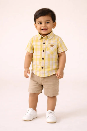 Yellow Plaid Cotton Kids Shirt – Short Sleeve Button-Front Summer Wear for Boys BloomUp