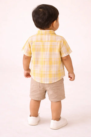 Yellow Plaid Cotton Kids Shirt – Short Sleeve Button-Front Summer Wear for Boys BloomUp