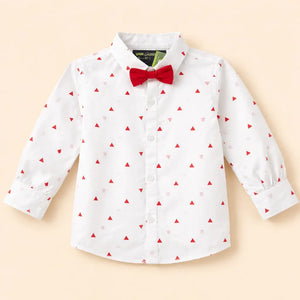 White Red Triangle Print Kids Shirt with Bow Tie – Soft Cotton Formal Wear for Boys BloomUp
