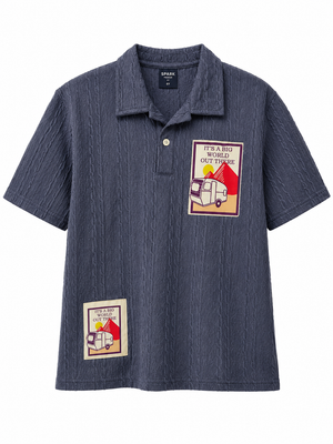 Boys Blue Textured Polo T-Shirt – Adventure Patch Casual Half Sleeve Tee BloomUp