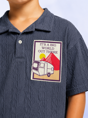 Boys Blue Textured Polo T-Shirt – Adventure Patch Casual Half Sleeve Tee BloomUp