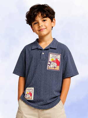 Boys Blue Textured Polo T-Shirt – Adventure Patch Casual Half Sleeve Tee BloomUp