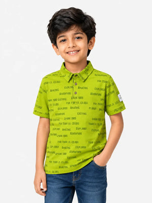 BloomUp Boys Lime Green Typography Print Polo T-Shirt – Casual Half Sleeve Cotton Tee