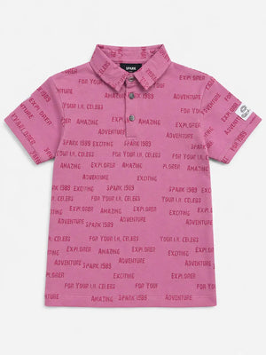 BloomUp Boys Pink Typography Print Polo T-Shirt – Casual Half Sleeve Cotton Tee