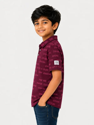 BloomUp Boys Maroon Typography Print Polo T-Shirt – Casual Half Sleeve Cotton Tee