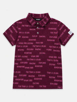 BloomUp Boys Maroon Typography Print Polo T-Shirt – Casual Half Sleeve Cotton Tee