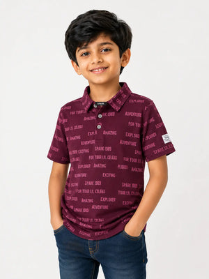 BloomUp Boys Maroon Typography Print Polo T-Shirt – Casual Half Sleeve Cotton Tee