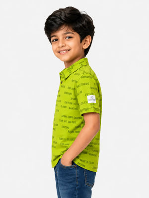 BloomUp Boys Lime Green Typography Print Polo T-Shirt – Casual Half Sleeve Cotton Tee