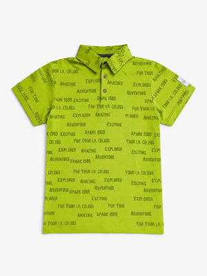 BloomUp Boys Lime Green Typography Print Polo T-Shirt – Casual Half Sleeve Cotton Tee