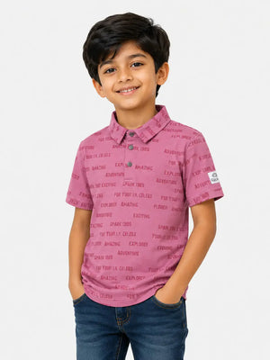 BloomUp Boys Pink Typography Print Polo T-Shirt – Casual Half Sleeve Cotton Tee