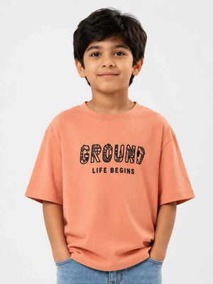 BloomUp Boys Peach Typography Cotton T-Shirt – “GROUND LIFE BEGINS” Casual Half Sleeve Tee