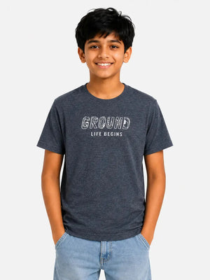 BloomUp Boys Charcoal Grey Typography Cotton T-Shirt – “GROUND LIFE BEGINS” Casual Half Sleeve Tee