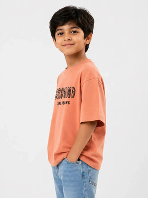 BloomUp Boys Peach Typography Cotton T-Shirt – “GROUND LIFE BEGINS” Casual Half Sleeve Tee