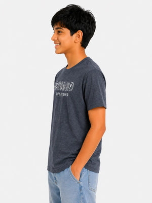 BloomUp Boys Charcoal Grey Typography Cotton T-Shirt – “GROUND LIFE BEGINS” Casual Half Sleeve Tee