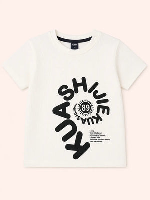 BloomUp Boys White Puff Print Cotton T-Shirt – “KUA SHINE 89” Casual Half Sleeve Tee for Toddlers