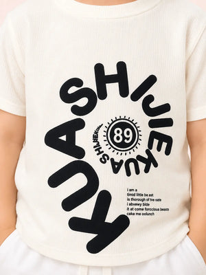 BloomUp Boys White Puff Print Cotton T-Shirt – “KUA SHINE 89” Casual Half Sleeve Tee for Toddlers